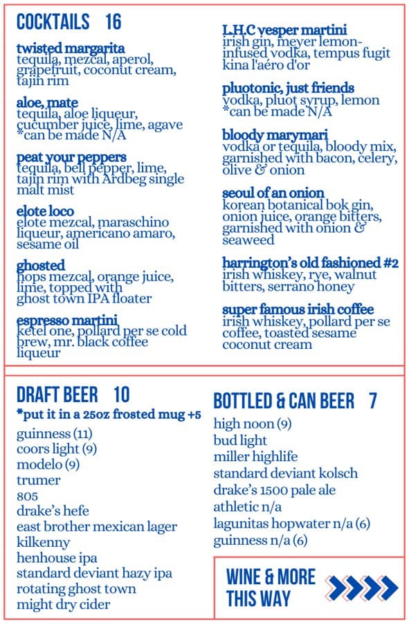 The printed Harrington's drink menu, 2026