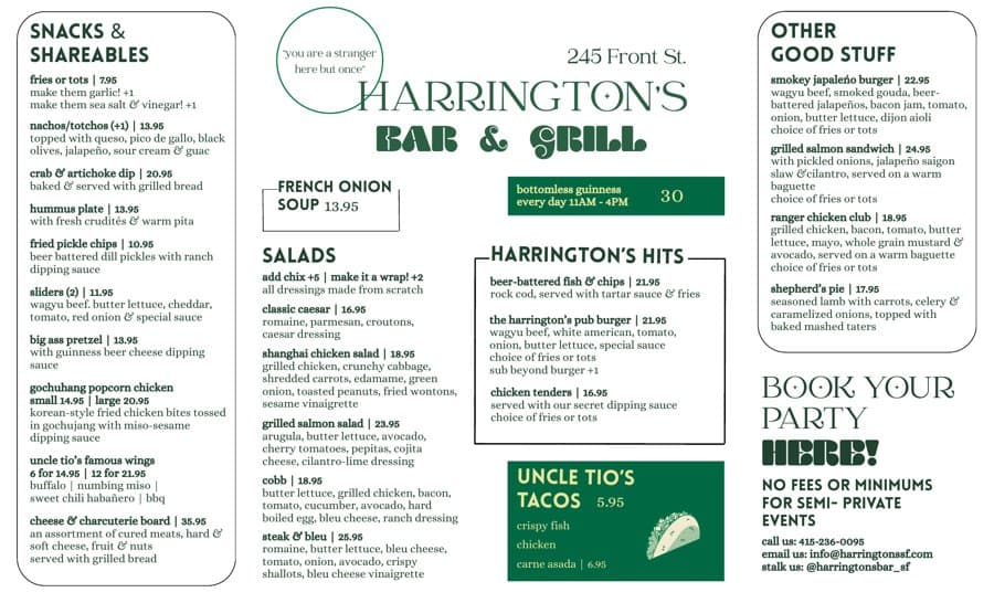 The printed Harrington's food menu, March 2026